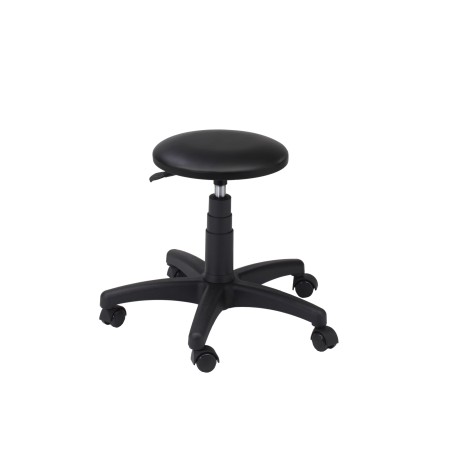 Tapicerowany czarnym skajem taboret obrotowy na kółkach AXIO