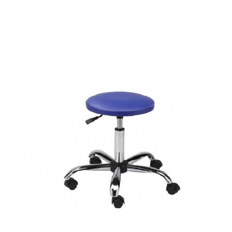 Taboret obrotowy tapicerowany AXIO, niebieski skaj, chromowana podstawa, na kółkach.