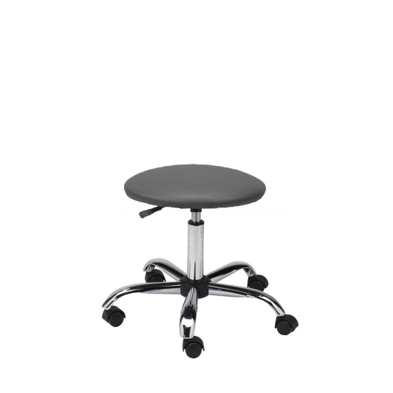 Taboret obrotowy tapicerowany AXIO, szary skaj, chromowana podstawa, na kółkach.